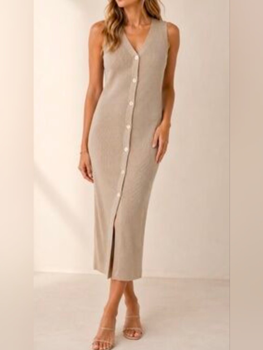 Cyrus Sleeveless Button-Front Midi Dress in Beige